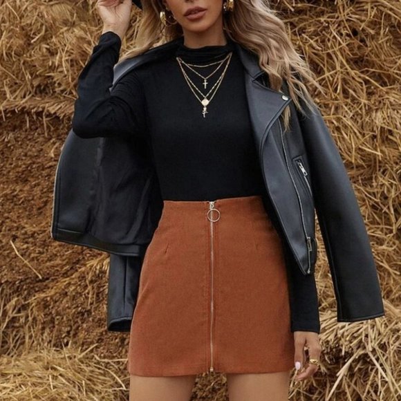 Boho Corduroy Zipper Front Mini Skirt Camel brown - Picture 5 of 6